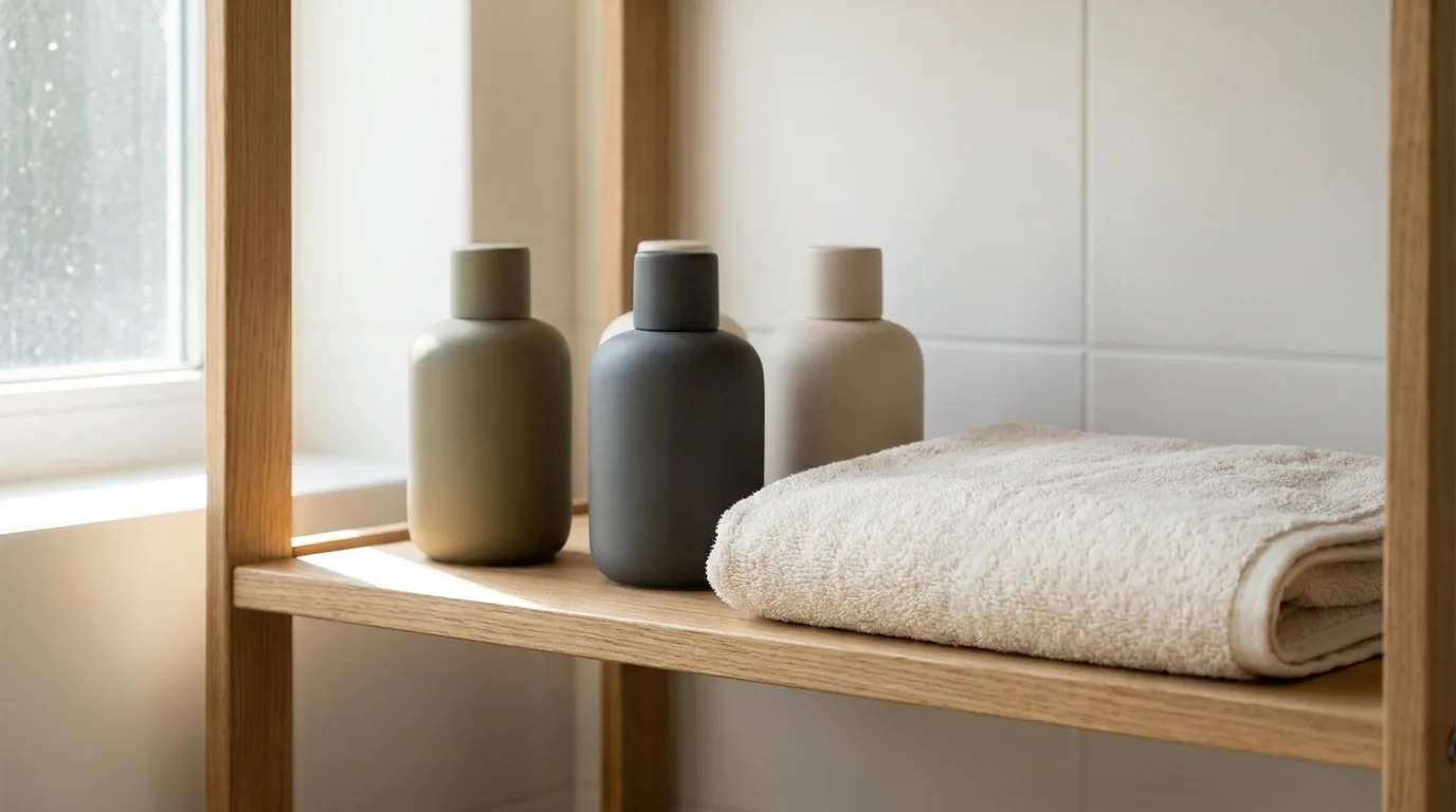 dandruff shampoo inline 2 three plain anti dandruff shampoo bottles on a bathroom shelf next to a folded towel