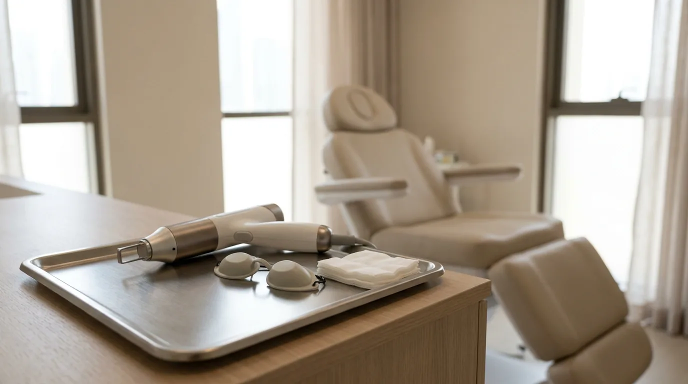 dark circle treatment inline 2 under-eye laser device positioned near a client eye area in a Dubai aesthetic clinic