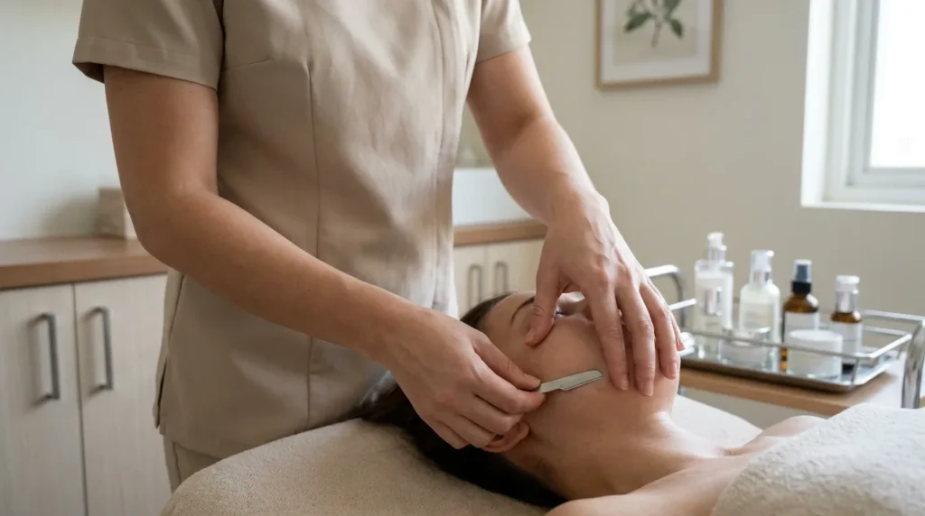 Dermaplaning in Dubai: an esthetician glides a sterile blade across a clients cheek in a clean skin-care treatment room