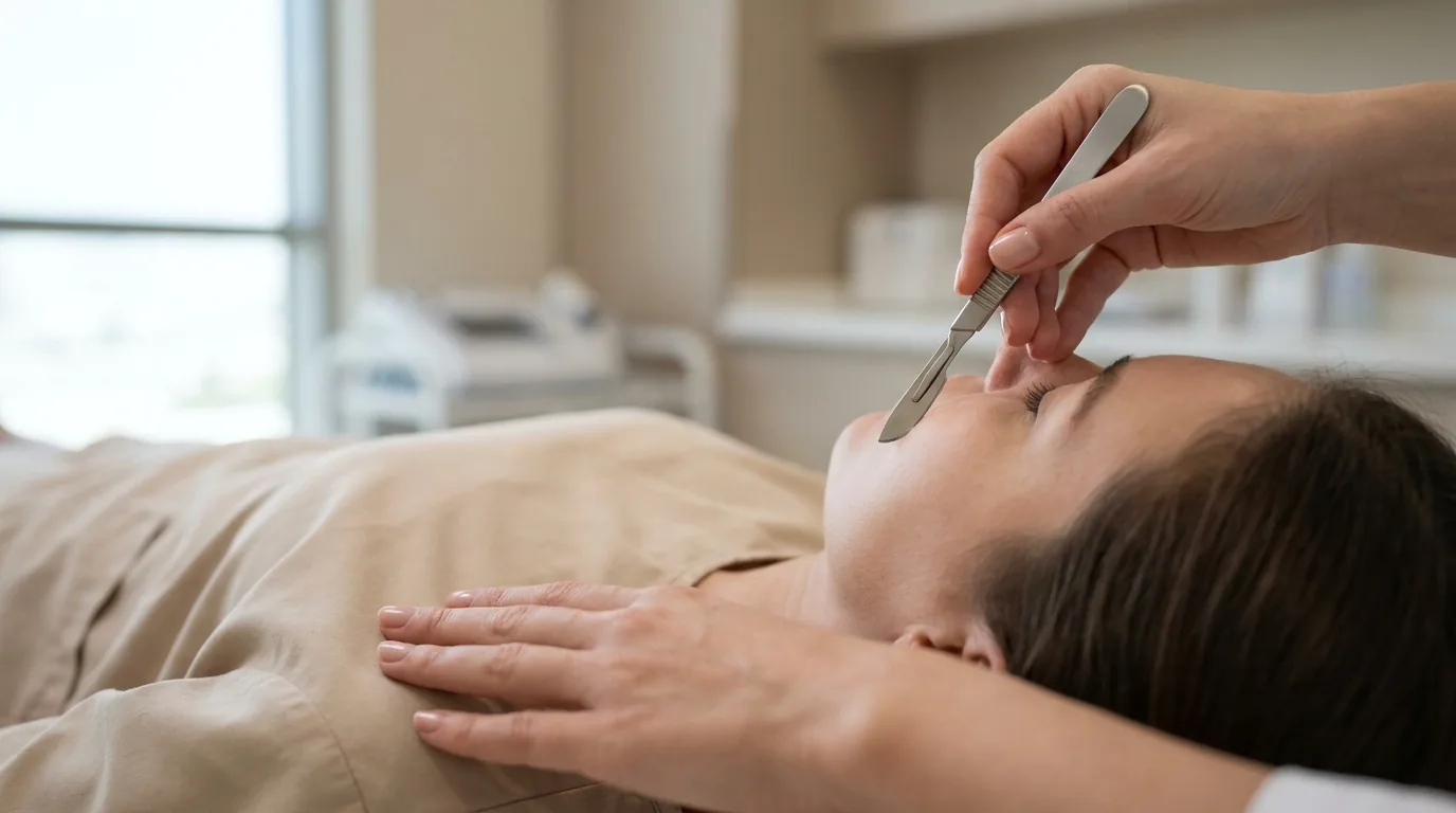 Dermaplaning treatment in progress at a Dubai skin clinic, esthetician holding a sterile blade against a client's cheek