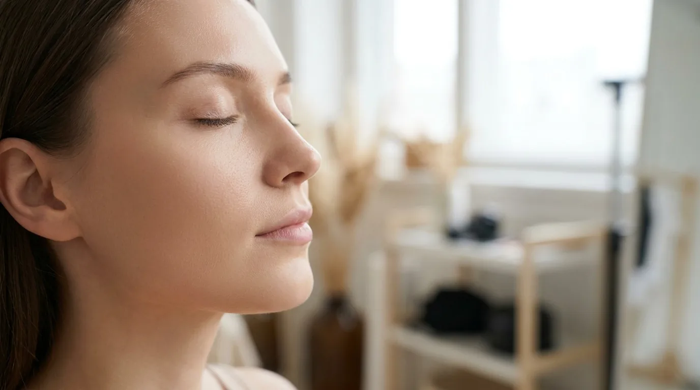 Smooth, glowing skin result after a dermaplaning facial dubai session, soft natural studio light