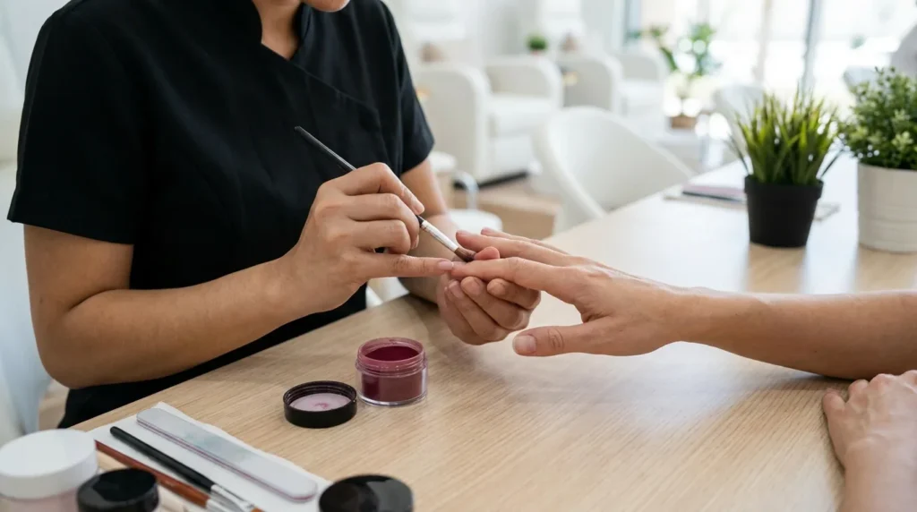 dip powder manicure in dubai: nail technician brushing pigmented powder onto a client nail at a clean nail station