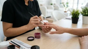 dip powder manicure in dubai: nail technician brushing pigmented powder onto a client nail at a clean nail station