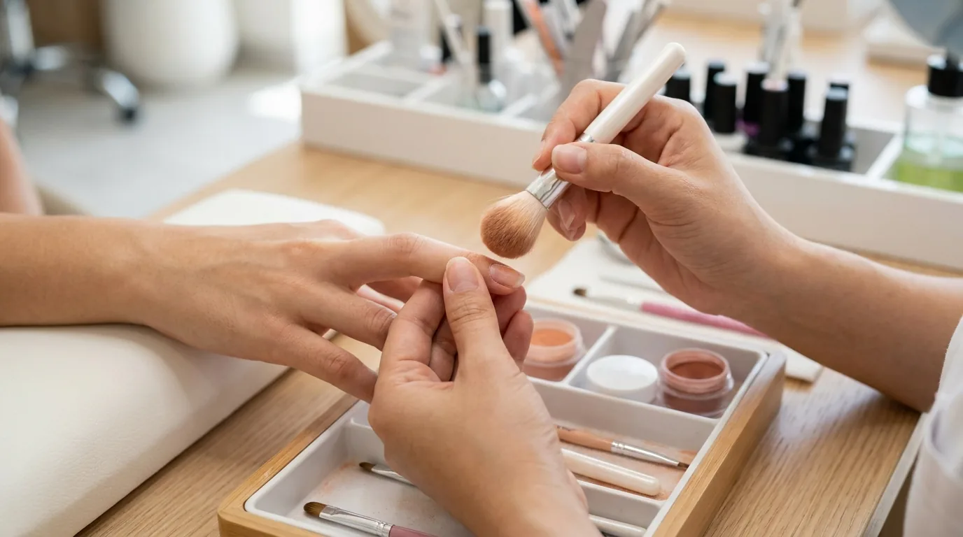 dip powder nails process: technician brushing pigmented powder onto a client nail at a Dubai nail salon