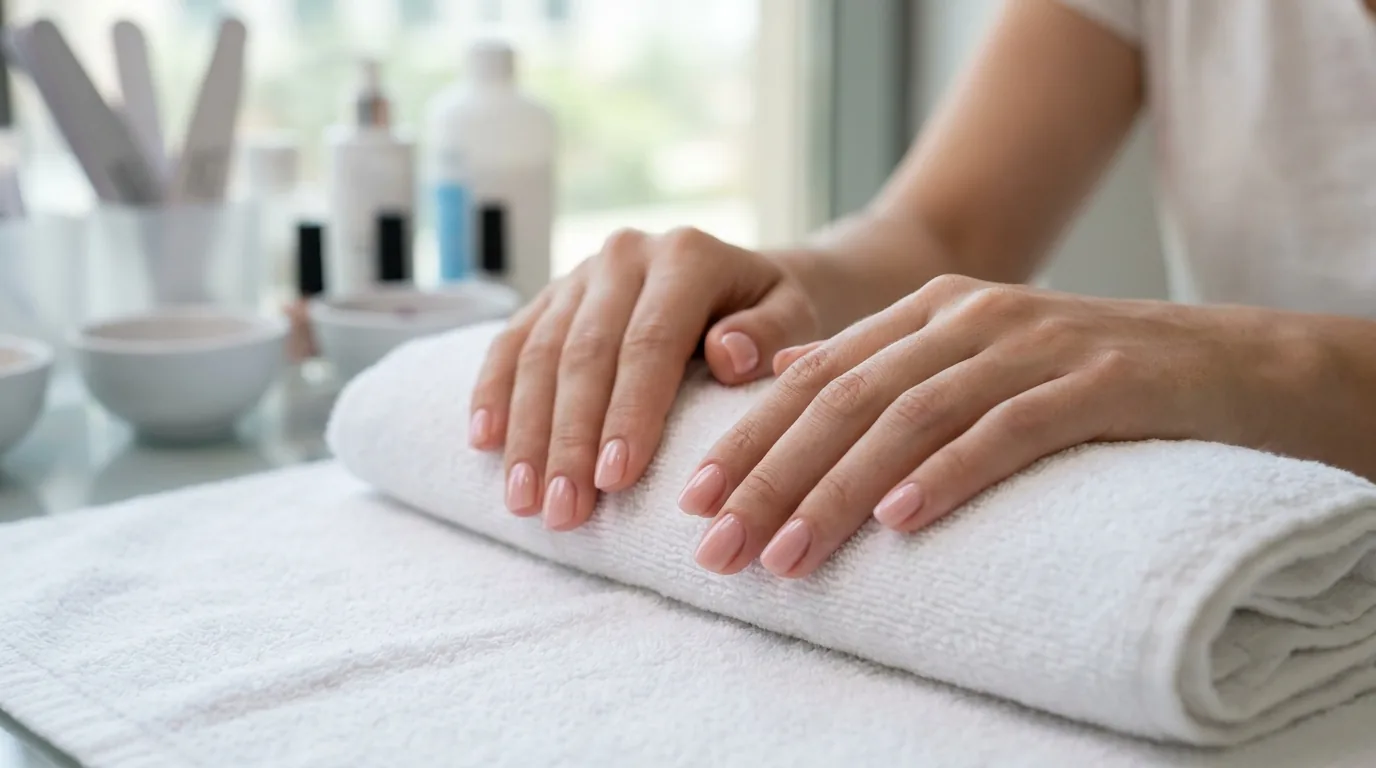 dip powder manicure result: glossy nude dip powder nails on a client hand in a Dubai salon