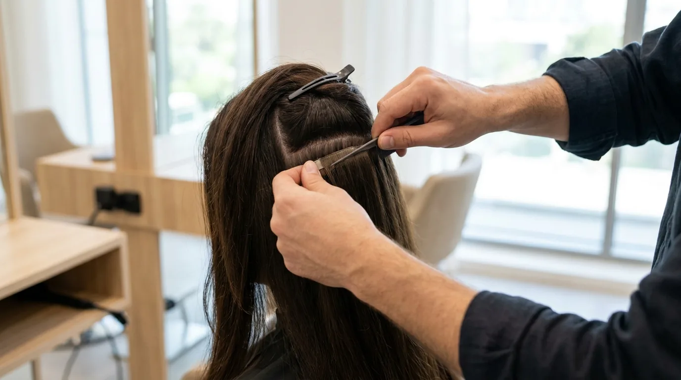 hair extensions being fitted by a stylist who sections and checks the hair before bonding