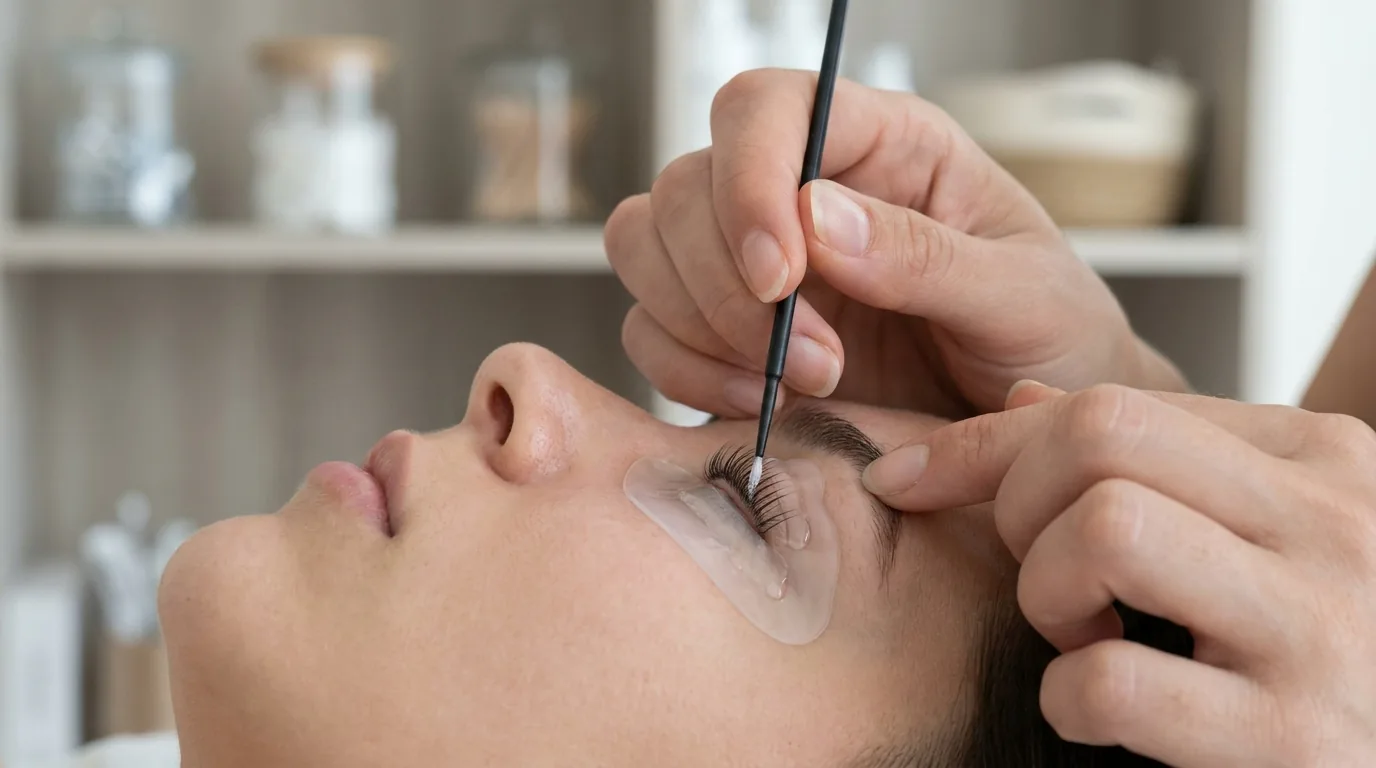 lash lift damage close-up of natural lashes resting on a silicone shield during treatment