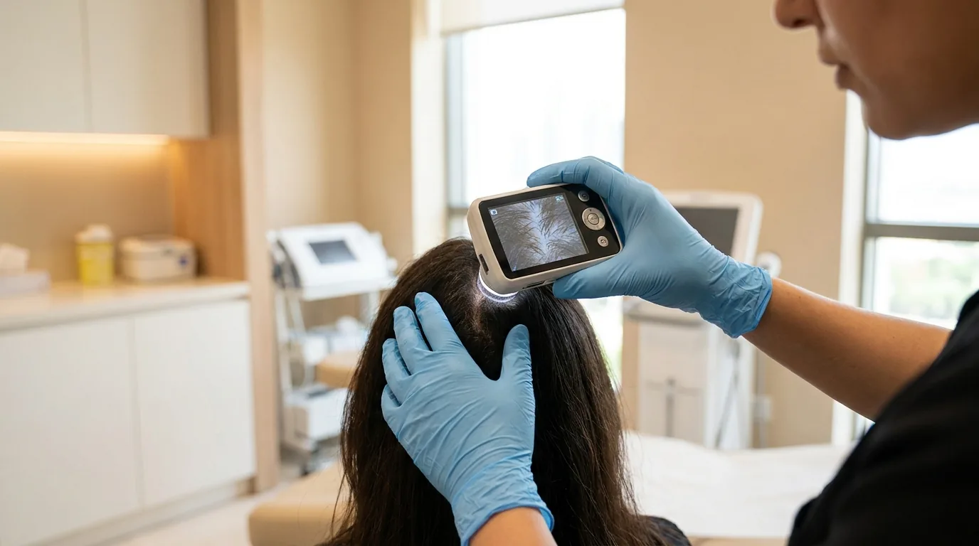 does creatine cause hair loss inline 1 hair loss treatment dubai: dermatologist examining a patient scalp with a trichoscope in a clinic