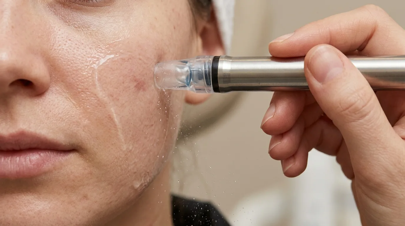 hydrafacial for acne scars: skin specialist guiding a vortex wand across a clients cheek during a clarifying facial