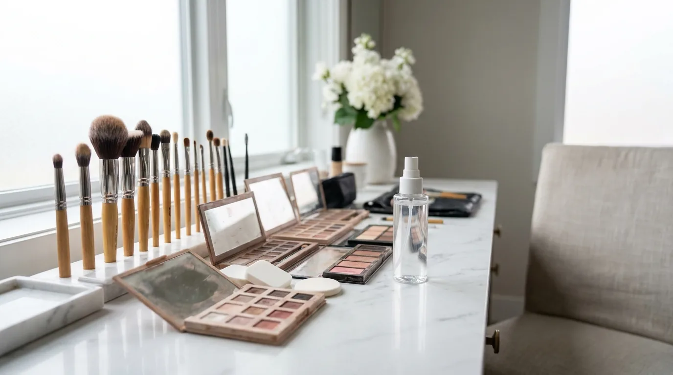 dubai makeup inline 2 professional makeup kit and brushes laid out before a bridal makeup appointment in Dubai