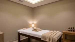 european massage dubai: clean mid-tier treatment room with massage table and warm towels in a dubai spa