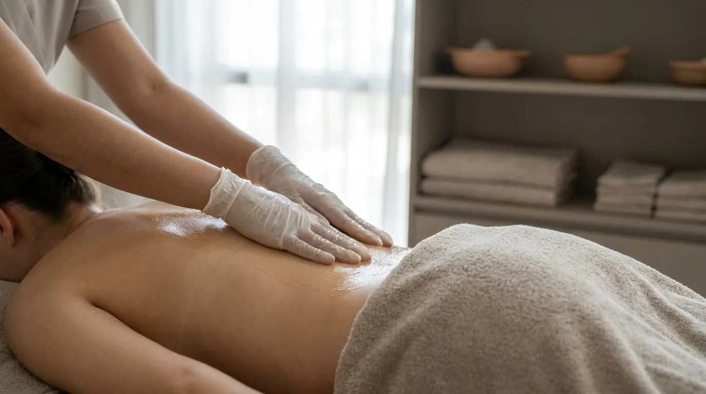 full body european massage dubai: therapist applying oil to a clients upper back during a swedish massage