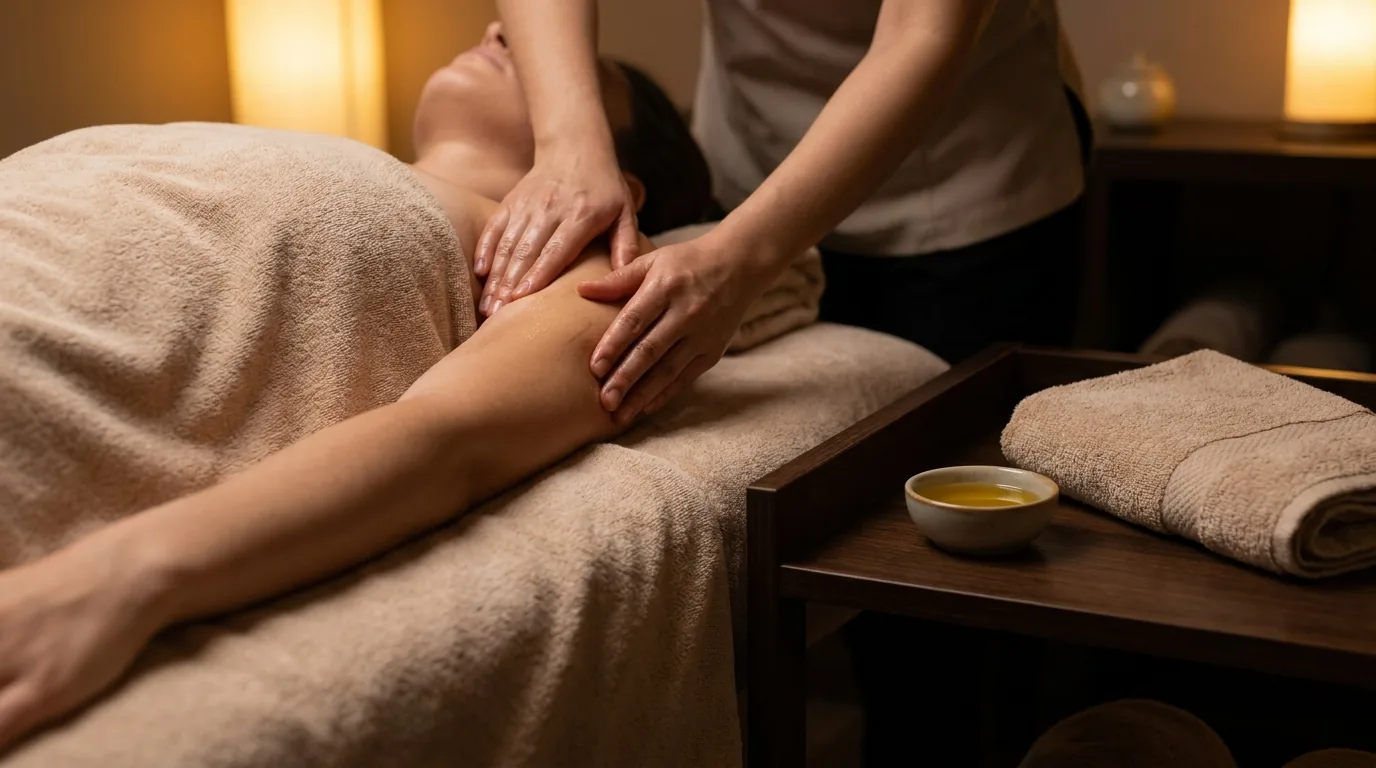 aromatherapy european massage dubai: therapist working oil along a clients shoulder beside an oil dish