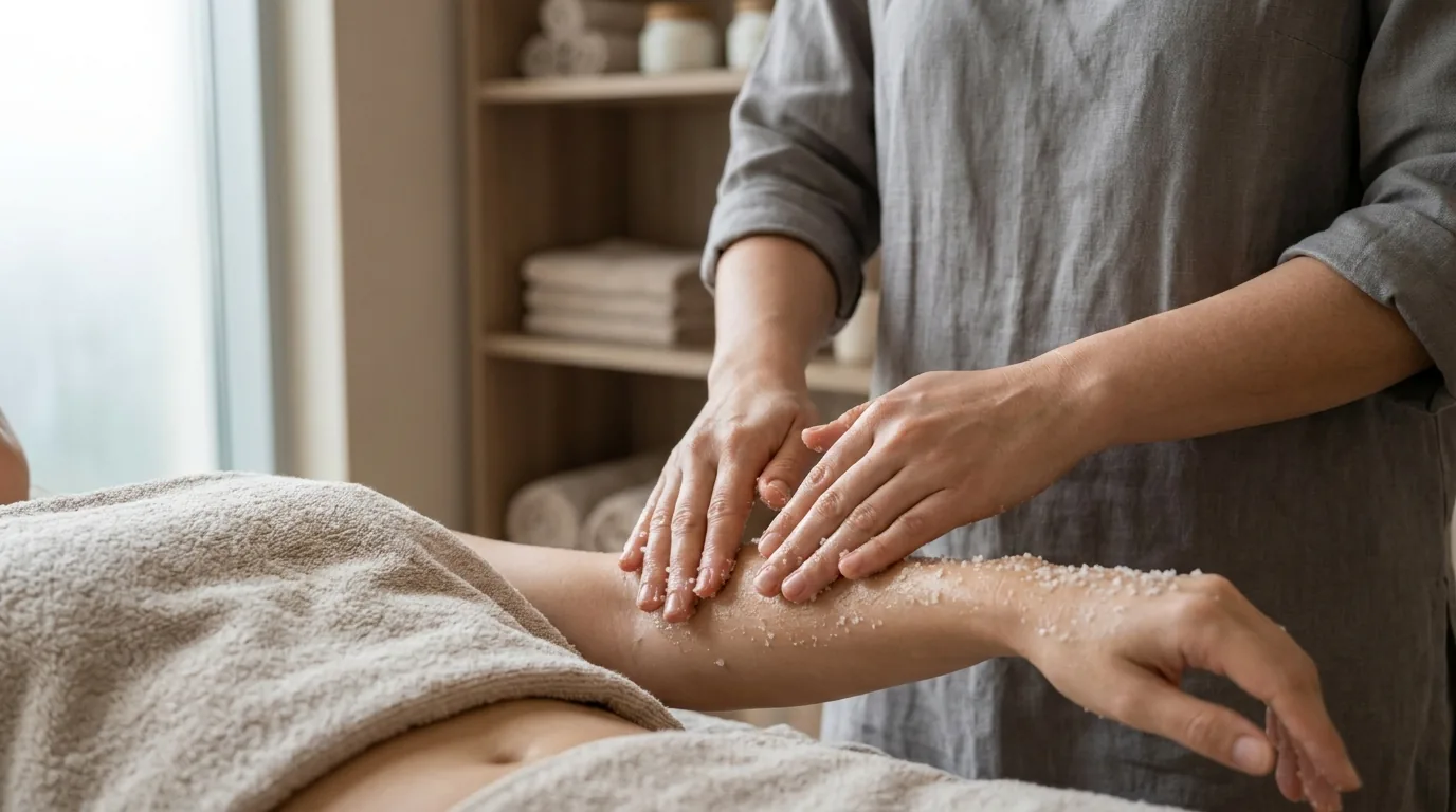 exfoliating scrub inline 1 therapist applying a salt body scrub in circular strokes on a forearm at a dubai spa