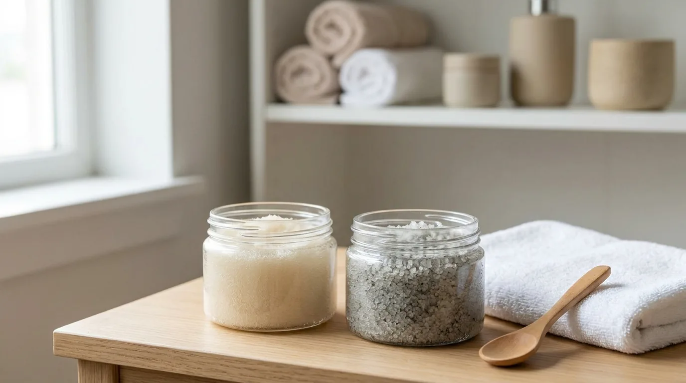 exfoliating scrub inline 2 fine sugar scrub and coarse sea salt scrub in open jars showing the difference in grain size