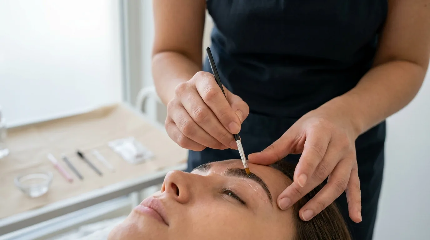 eyebrow lamination inline 1 Eyebrow lamination in progress: a Dubai technician applying lifting solution to a client's brow with a small brush