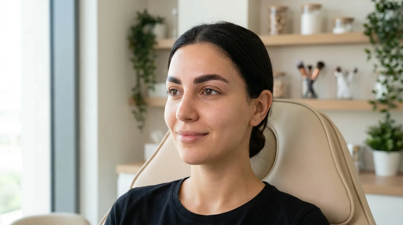 eyebrow lamination inline 2 Finished laminated eyebrows in Dubai: fuller, brushed-up brows on a calm client in a brow studio