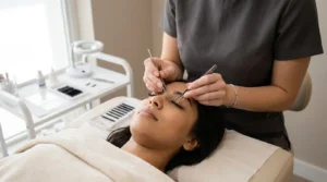 eyelash extensions dubai price: lash technician applying volume extensions with two tweezers beside trays of classic and volume lashes