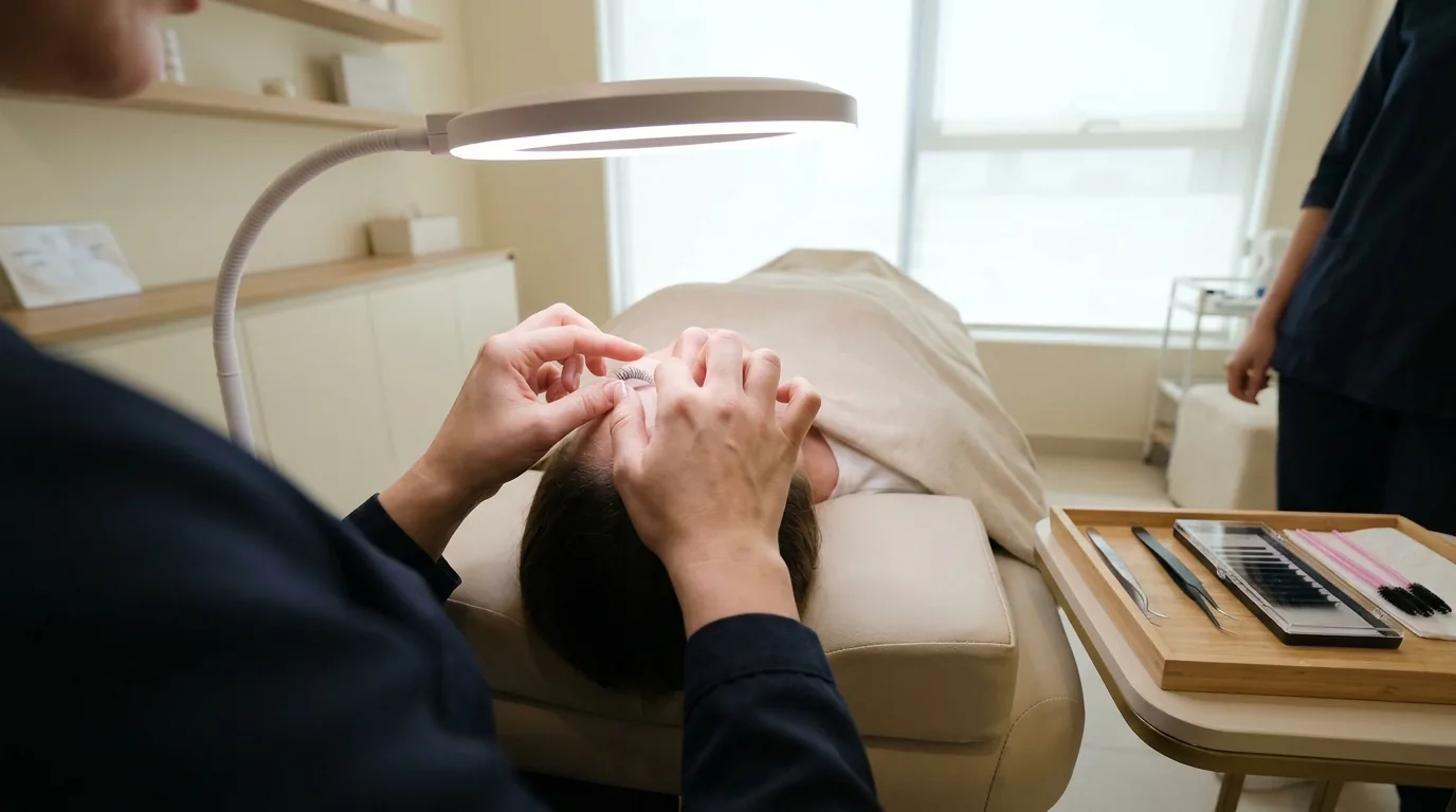 eyelash extensions dubai price comparison: lash artist applying volume lashes to a reclined client in a calm studio