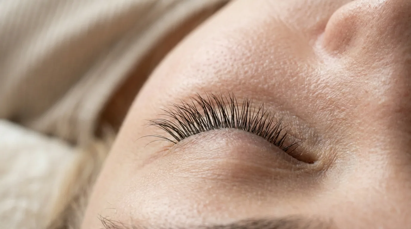 eyelash extensions home service dubai: close-up of natural-looking classic lash extensions on a client's eye