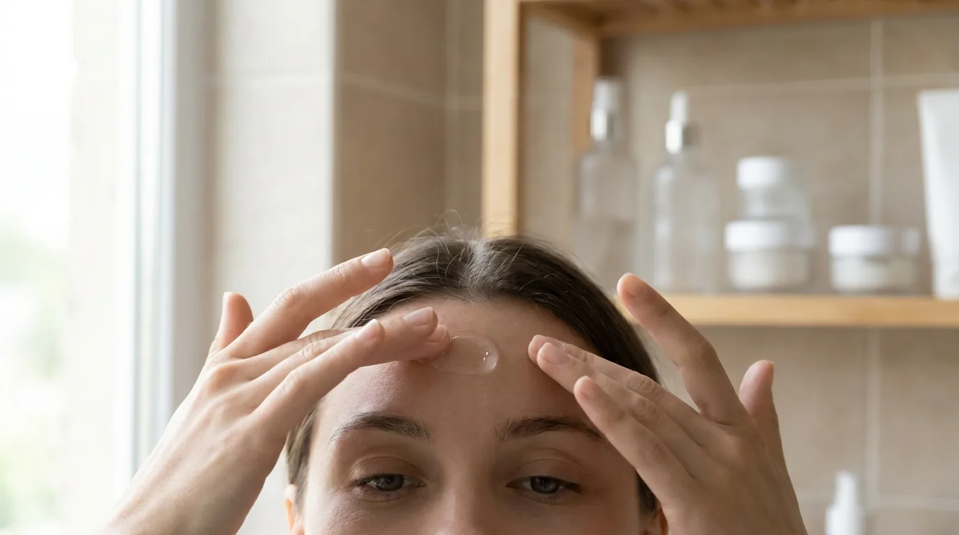 forehead acne treatment routine: fingertips spreading a clear salicylic acid gel across the forehead