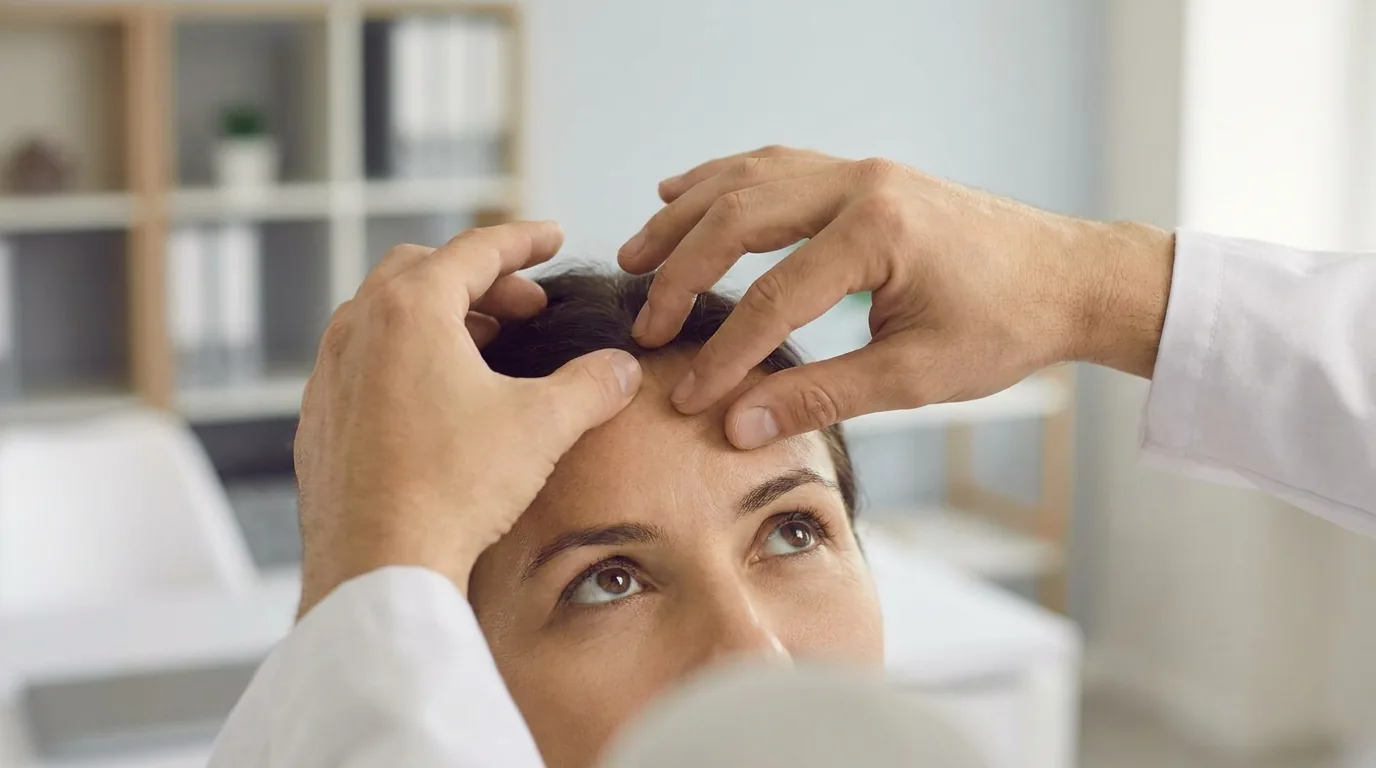 dubai dermatologist examining a patient forehead acne during a skin consultation