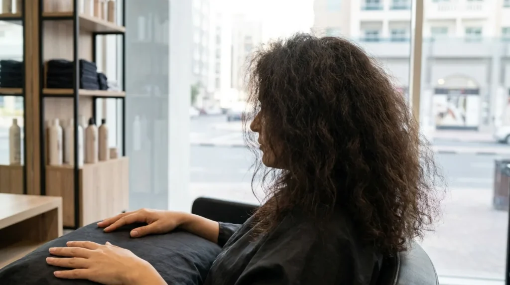 frizzy hair meaning shown on a woman with visibly frizzy wavy hair in a Dubai hair salon
