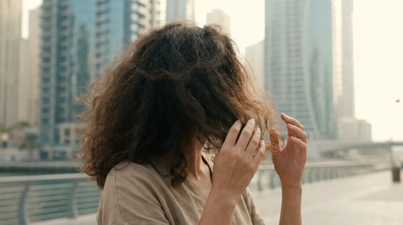 frizzy hair meaning shown on wavy hair lifting in humid coastal air outside a Dubai high-rise