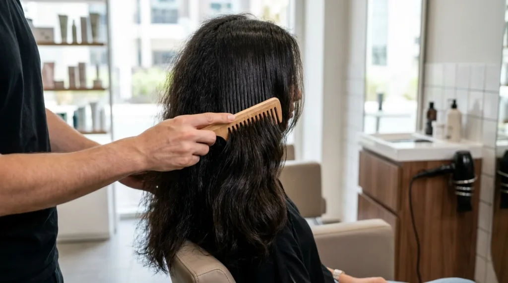 frizzy hair treatment in a Dubai salon: a hairdresser combing smooth glossy hair after an anti-frizz treatment