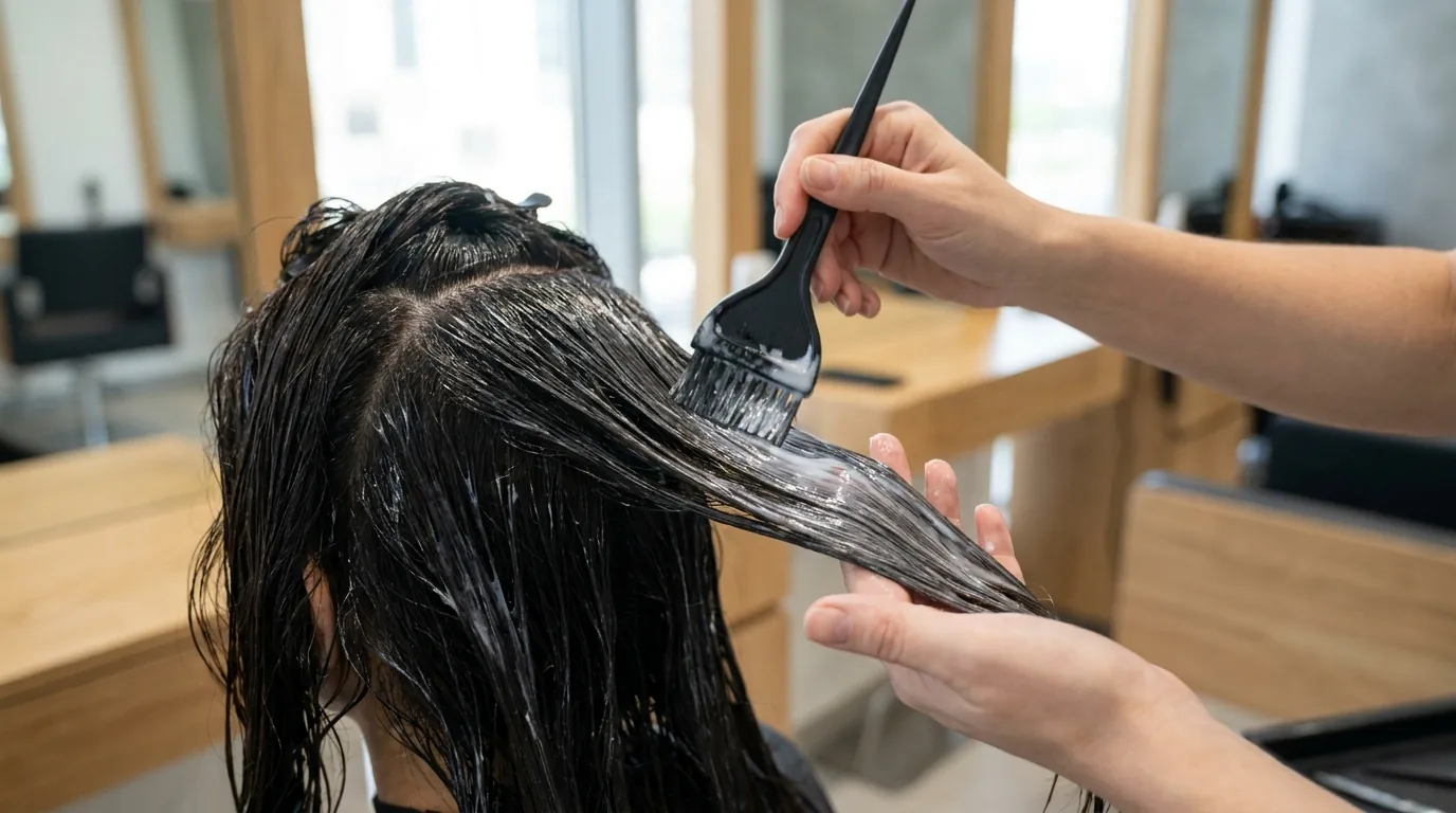 stylist applying an anti frizz smoothing treatment to a sectioned strand in a Dubai salon
