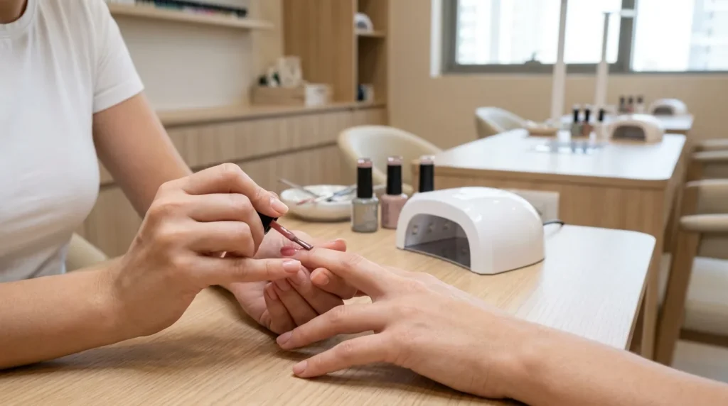 gel manicure dubai session: nail technician applying glossy gel polish to a client at a clean mid-range salon with an LED lamp