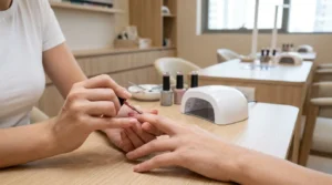 gel manicure dubai session: nail technician applying glossy gel polish to a client at a clean mid-range salon with an LED lamp