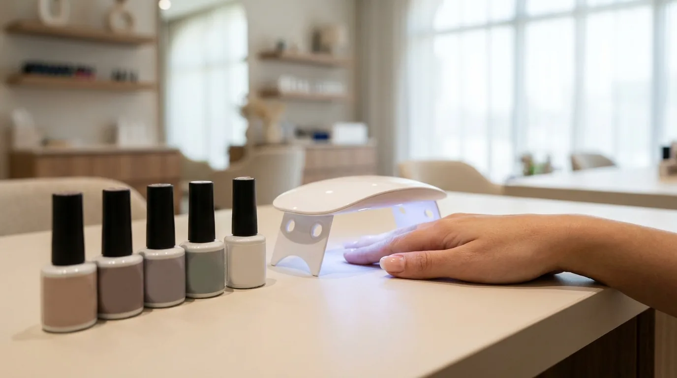 client hand curing under a led lamp beside a row of gel polish bottles at a dubai nail station