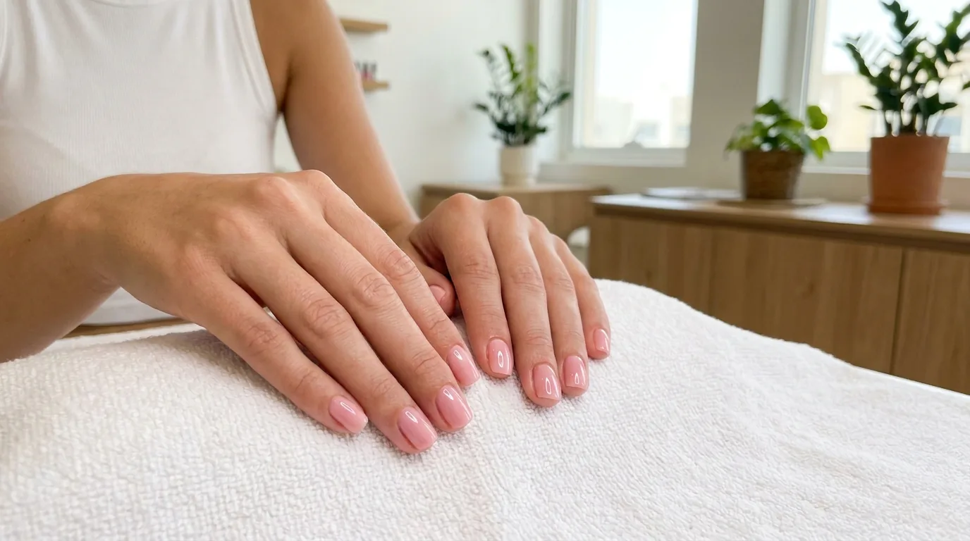 finished glossy nude pink gel manicure on bare hands resting on a white towel