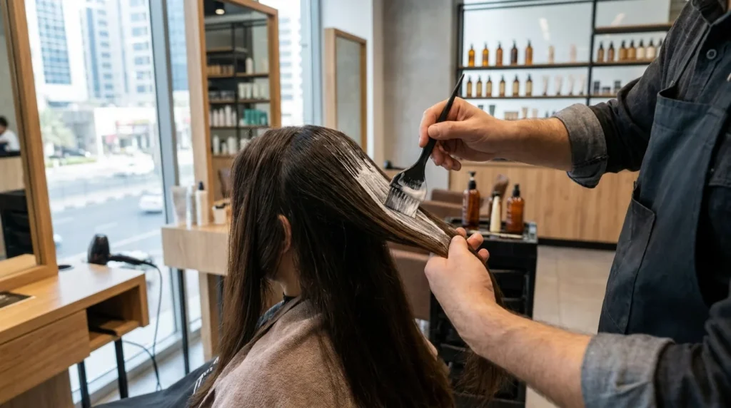 hair botox treatment dubai applied to long hair at a Dubai salon