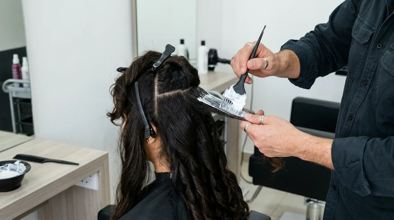 hair rebonding dubai inline 2 stylist applying rebonding relaxant cream to a sectioned strand of hair in dubai