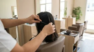 hair salon motor city stylist combing a seated client in a calm mid-range suburban Dubai salon