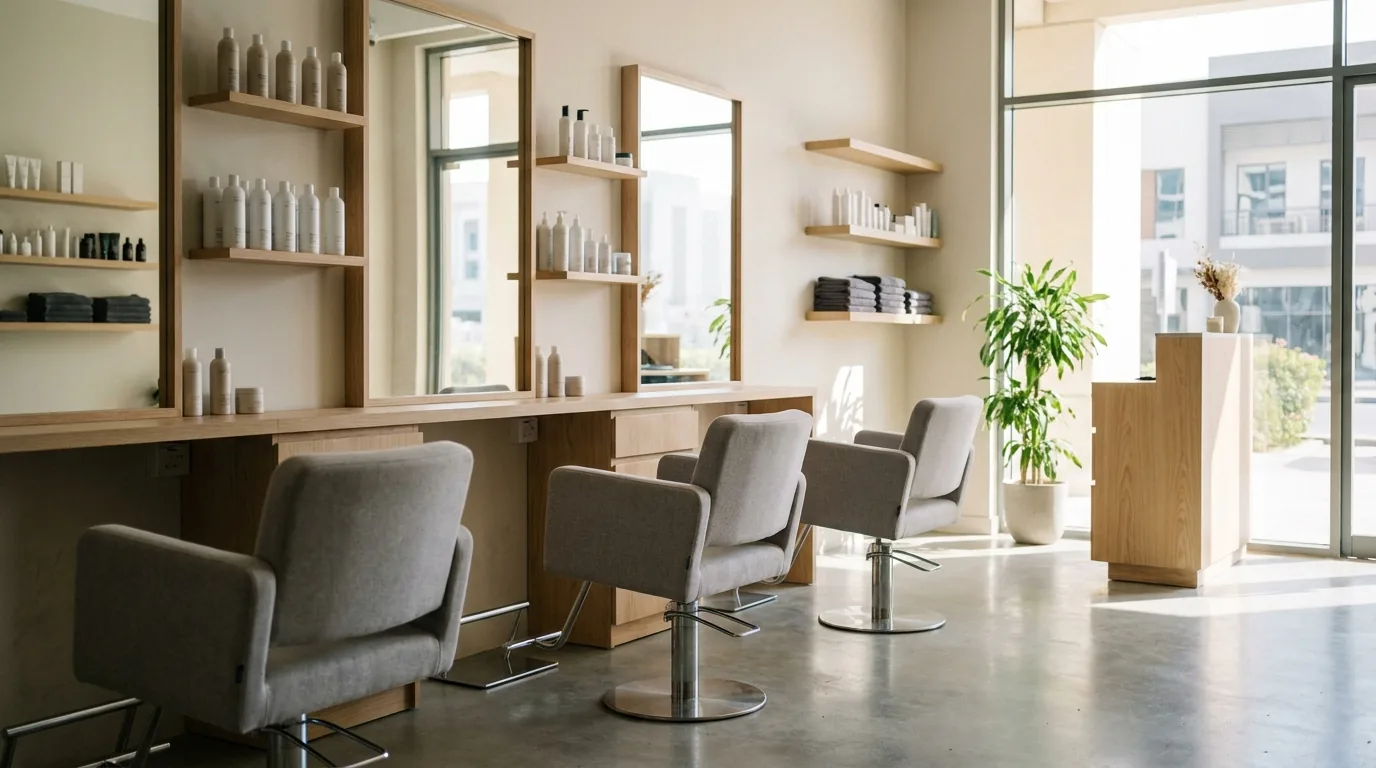 hair salon motor city inline 1 mid-tier hair salon interior in Motor City Dubai with styling chairs and large mirrors