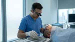 hair transplant Dubai clinic: surgeon in surgical loupes implanting follicular unit grafts along a marked hairline