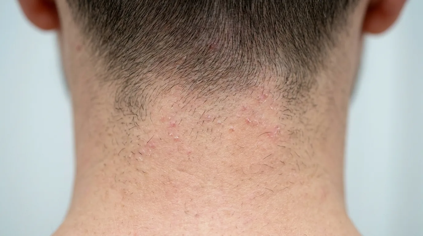 hair transplant in dubai inline 2 hair transplant recovery Dubai: close view of healing donor area with tiny FUE extraction dots two weeks after surgery