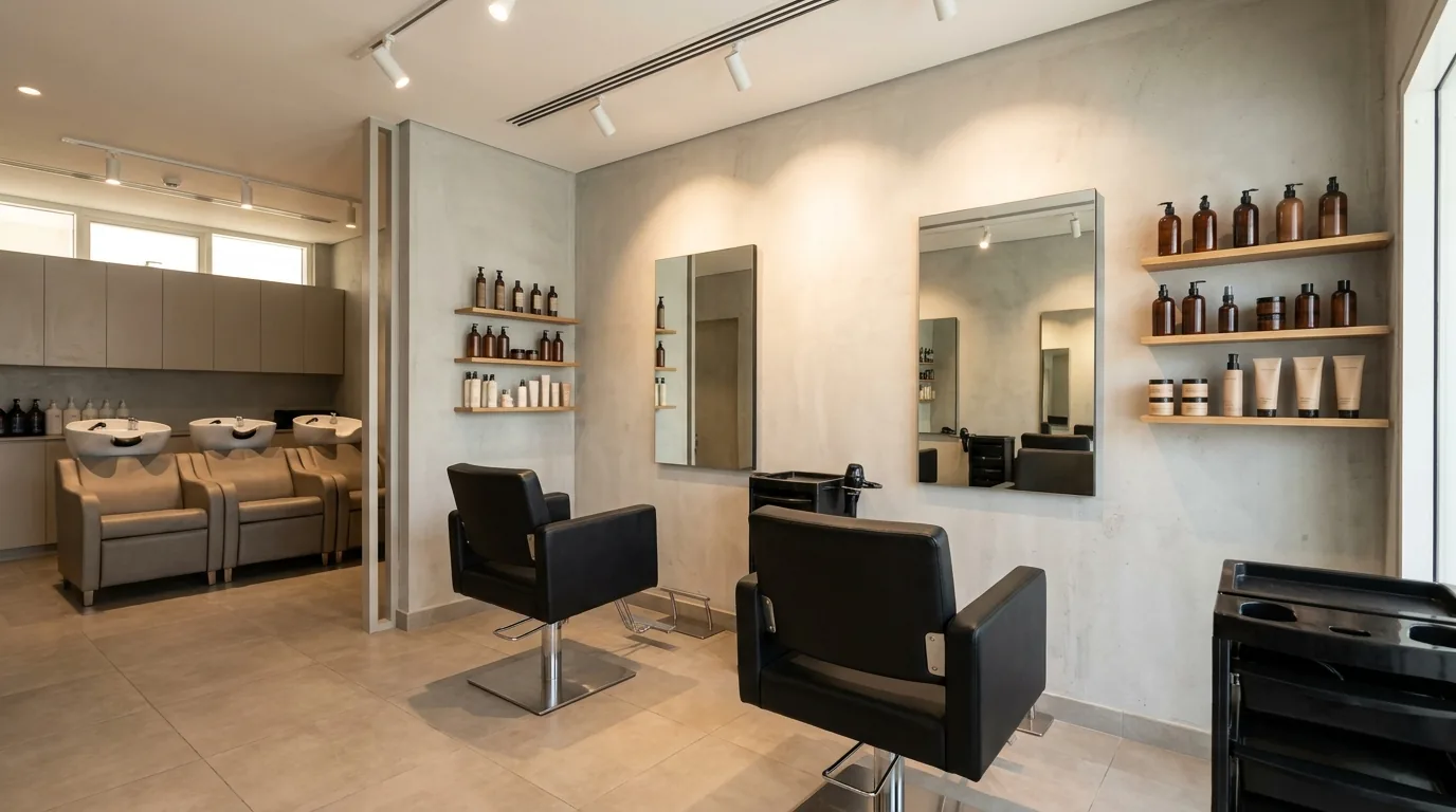 hair treatment dubai inline 2 best hair treatment dubai: tidy mid-market salon interior with styling chairs and wash stations