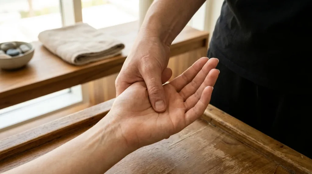 Hand reflexology in Dubai: a therapist pressing the centre of a relaxed client's open palm