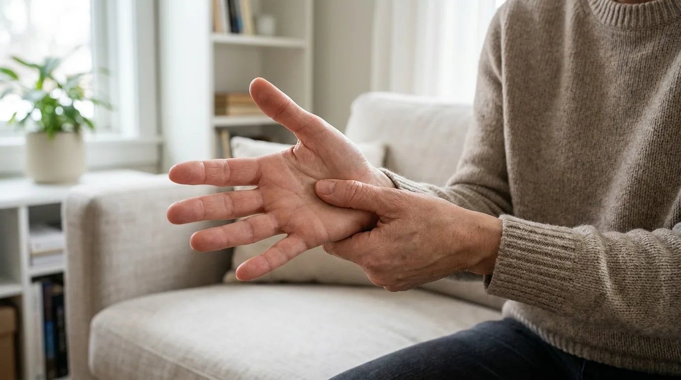 hand reflexology self-treatment at home: a person pressing the centre of their own palm with the opposite thumb