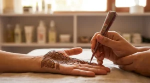 henna designs dubai: artist piping a detailed arabic henna design onto a client palm at a beauty salon