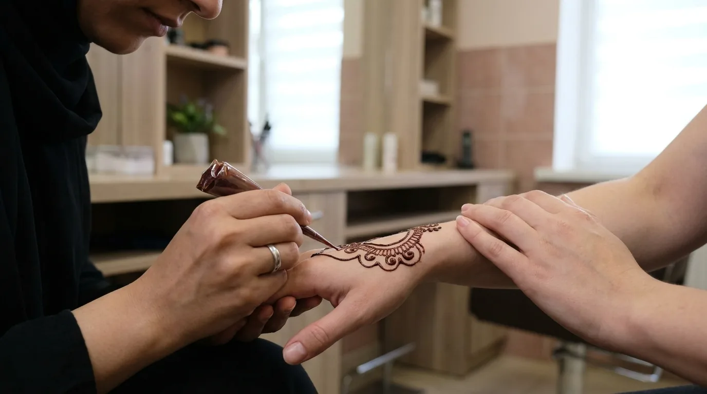 henna designs inline 1 henna designs dubai artist piping arabic henna onto a client hand at a beauty salon station