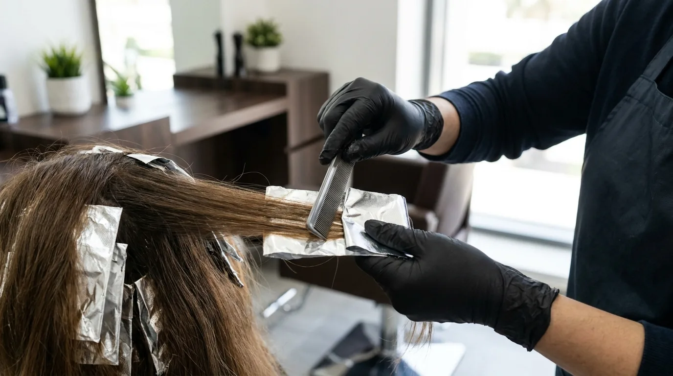 highlights offer inline 1 hair highlights deals dubai: colourist sectioning hair and applying foils at a mid-range salon