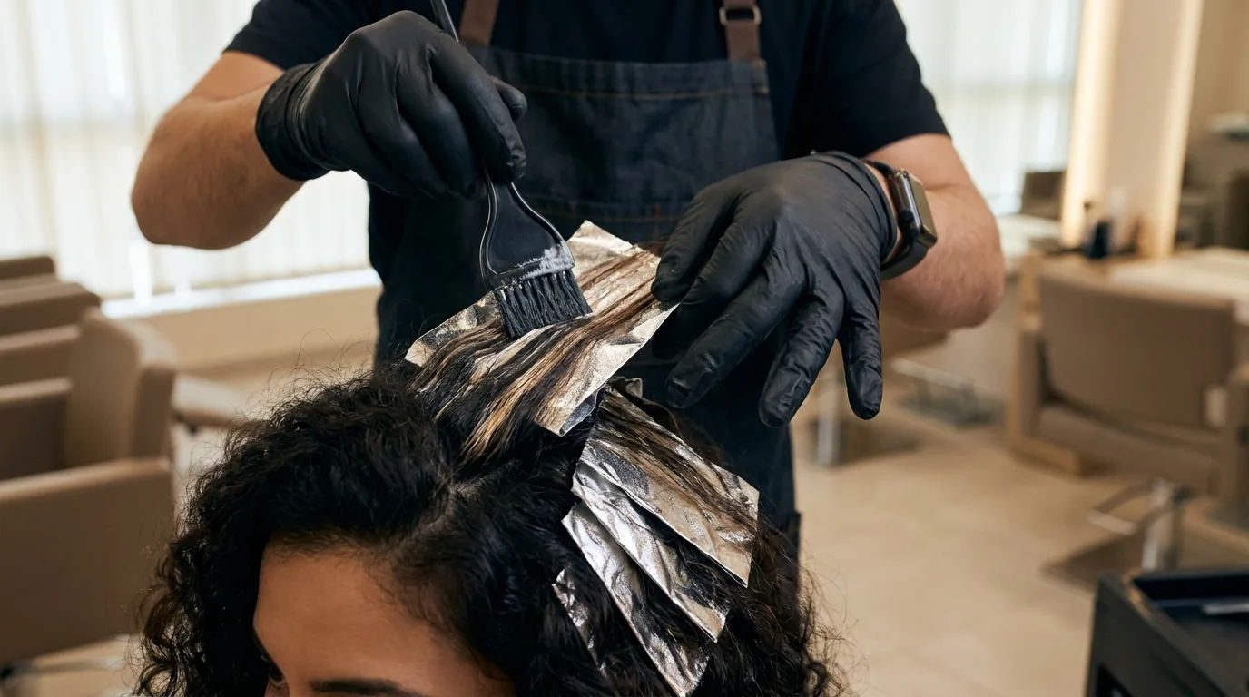 partial highlights dubai foiling technique sectioned on dark hair at a colour salon