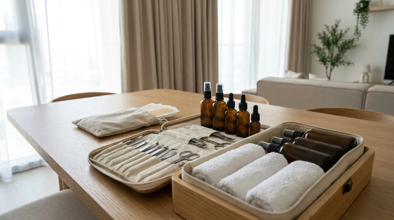 at home beauty services kit with sterilised tools and towels on a table in a Dubai apartment