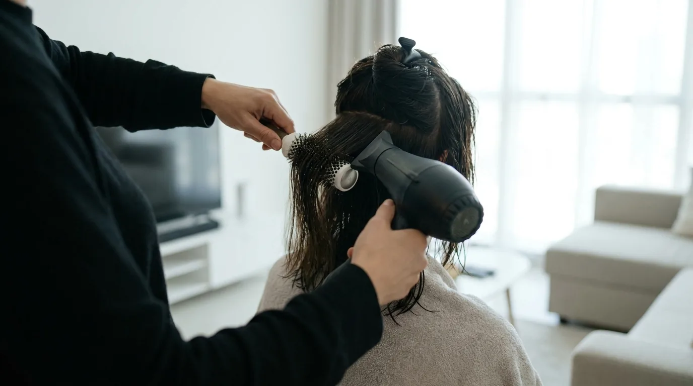 mobile beautician blow-drying a client's hair during an at home appointment in Dubai