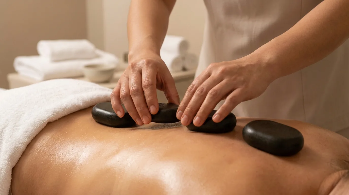 hot stone spa treatment with heated basalt stones along a client back at a calm dubai spa